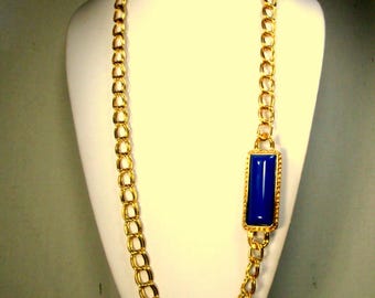Long Gold Chain Necklace w Navy Side Accent, 1980s, No Catch