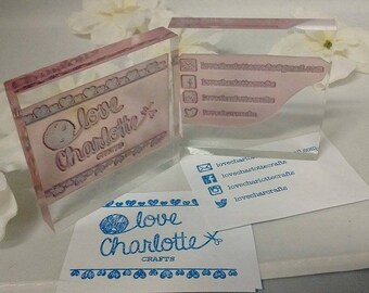 Duo pack medium, personalised 'Logo Stamp' & 'Social Media Stamp' Custom Made Polymer Stamp, Mounted on Clear Acrylic Block, Small Business