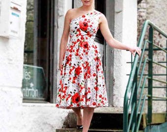 SALES One shoulder floral dress/ midi dress/ white red midi dress/ prom dress/ swing dress/ one shoulder tea length dress/ summer dress