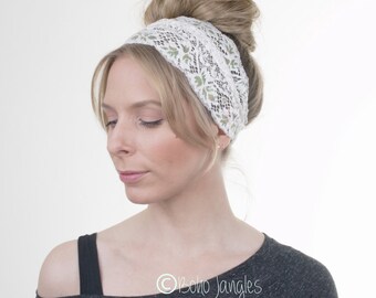 White + Green Leaf Lace Headband, Wide Lace stretchy Headband Hairband, Rustic Wedding, Elastic Headband, Womens Headband