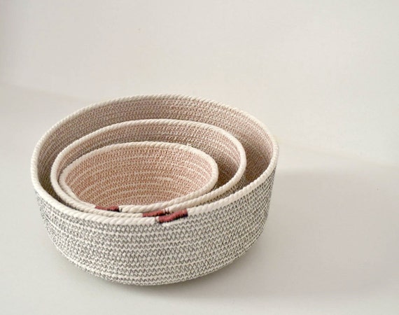 Coil rope basket, Breakfast basket, Powder room decor, Natural cotton rope, Pink and grey accent, Cotton bowl, Beach decor, Anniversary gift