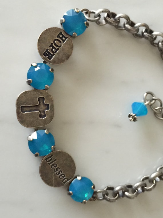 Blessed Bracelet with Caribbean Blue Opal Crystals, in Antique Silver