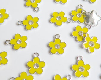 10 Cute yellow enamel flower charm with rhinestone center silver finish 15x12mm DB22014