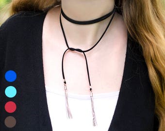Vegan Suede Wrap Choker Necklace Tassel Necklace Thin Leather Choker Wrap Neckacle Boho Choker Black Choker Black Tie Necklace Suede Choker