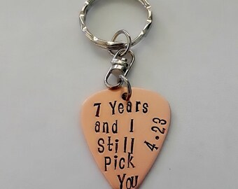 7 Year Anniversary Copper Gift, Personalized Hand Stamped Copper Guitar Pick Keychain, Traditional 7th Anniversary Gift - Copper