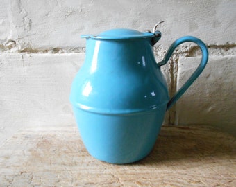 French vintage enamel pitcher, blue enamel pot with lid, water pitcher, French enamelware, French antique rustic vase country garden decor.