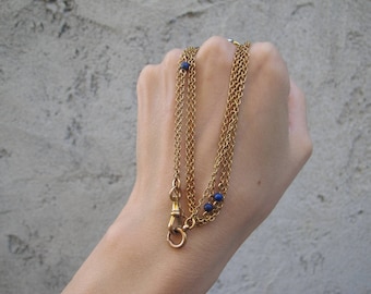 Extra Long Antique 14k Yellow Gold Lapis Lazuli Bead Station Watch Chain Necklace