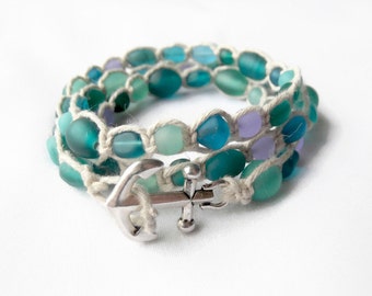 Seaglass Jewelry - Beach Bracelet - Hemp Bracelet - Ocean Bracelet - Sea Glass Jewelry - Sea Glass Bracelet - Anchor Wrap Bracelet
