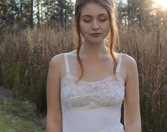 FLORA Vintage Slip Dress 1950's Intimates Cream Lace Nylon Slip Dress Undergarment Layering Size 34