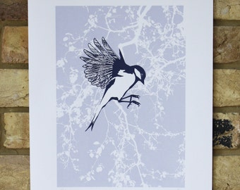 bird print, limited edition screen print, hand printed bird screen print, bird illustration with spring leaves, blue bird art