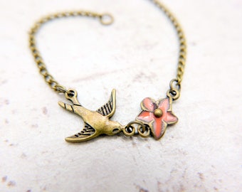 Swallow bracelet, floral bracelet, boho bracelet, boho jewelry