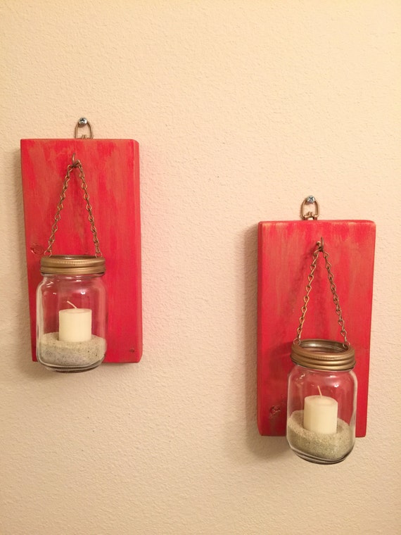 Set of 2 Rustic Mason Jar Wall Sconce Candle Sconces with