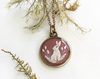 Bunny Rabbit Necklace, Spring Flowers Easter Jewelry, Illustrated Handmade Art Pendant