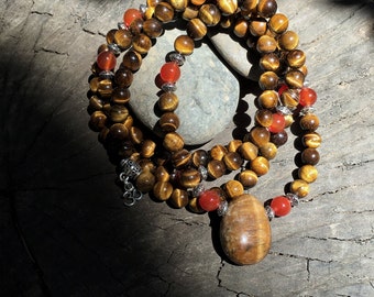 TIGER EYE & CARNELIAN Mala for Meditation | Yoga Beads | 108 Mala Beads | Crystal Healing Mala | Om Yoga Necklace by Mayan Rose MayanRose