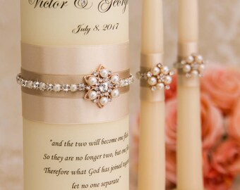 Wedding Unity Candle Set, Champagne Unity Candles, Champagne Wedding Candles, Personalized Wedding Candles, Bling Wedding Candles