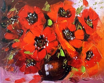 Red Poppy wall art, Home decor, Palette Knife, Original Oil Painting on Canvas