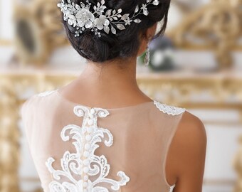 Bridal hair accessories Bridal headpiece pearl Floral Wedding headpiece Bridal Back Headpiece Silver Leaf Headpiece Leaf Halo Hair Flowers