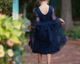 Navy blue flower girl dress, flower girl dresses, Rustic flower girl dress, lace flower girl dress, country lace dress, toddler dress baby