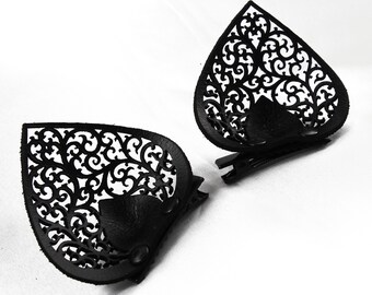 Black Laser Cut Leather Lace Clip On Cat Ears - Cosplay Cat Woman Costume - FREYJA