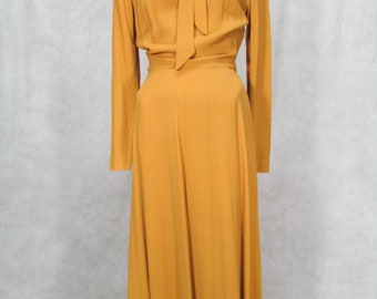 1940s Dress Mustard Crepe Beads Tie Neck Flare Skirt Rockabilly USO