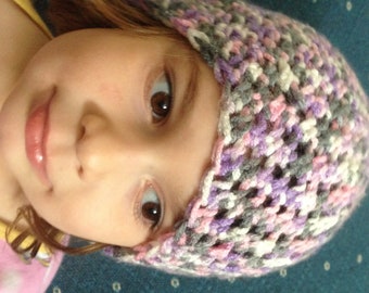 Pink, Purple, Gray and White Toddler Crochet Hat