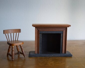 Vintage Wood Shackman Dollhouse Fireplace & Chair - Miniatures, Faery House, Dollhouse Furniture