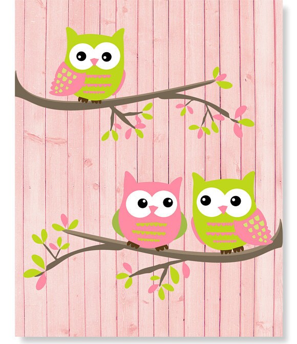 Green and Pink Owls Girl's Room Owl Print Nursery Wall Art