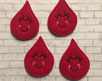 Happy Little Blood Drop Red Feltie Applique - Choose Color Drop Embroidered Felt Stitchie, Hair Bow, Set of 4