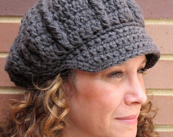 Charcoal Gray Crochet Newsboy Hat - Gray Crochet Hat with Brim for Women - Autumn Women's Accessories - Women's Hat -