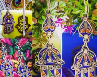 Genuine Vintage Hamsa Earrings Silver In Emaille Handmade Berber Style