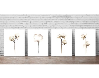 Cotton Print set 4 Cotton Bolls Nature Home Decor, Brown Beige White Art Print Shabby Chic Decoration Abstract Flower Stems Anniversary Gift