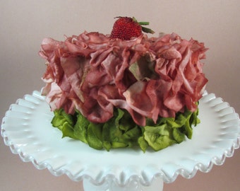 Fake Cake Strawberry Faux Flower Petal Cake Shades of Rose and Green with Strawberry on Top Birthday Cake Display Cake Wedding Shower Cake