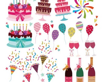 Birthday clipart, Birthday printable, Commercial use, birthday card, cake, wine, balloon, firecracker, party hat, present, flower, banner