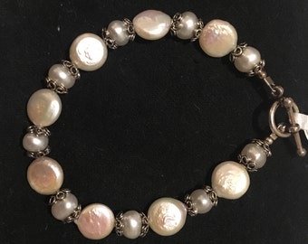 Coin Pearl, Freshwater Pearl, and Sterling Silver Bracelet