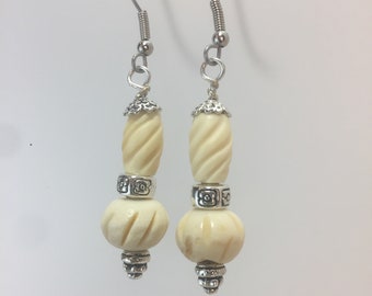 Off white craved Bone and Silver earrings