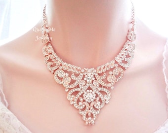 SALE Rose gold necklace Rose gold crystal necklace Rose gold bib necklace Wedding necklace Brides necklace Rose gold Statement necklace MIA