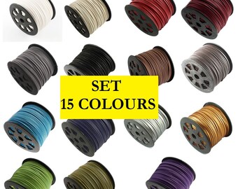SET - 15 Colours - Suede Cord with IMITATION LEATHER, Faux Suede, String, Thong 3mm x 1.5mm