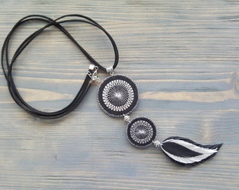 Long Bohemian Necklace. Leather Feather Necklace. Long Boho Necklace. Black Leather Necklace. Silver Statement Necklace. Bohemian Jewelry.