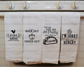 Funny Kitchen Towels-~*~BUY 3 get 1 FREE!!!~*~Flour Sack Vintage-~*~BOGO Deal!*~*Tacos, chickens, funny sayings, song lyrics puns, and more!