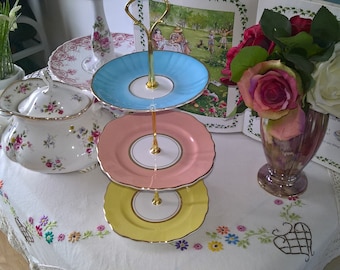 Vintage China Three Tier China Cake Stand Mad Hatter Tea Party Tearoom Birthday Celebration Wedding Table Display Cupcakes Shabby Chic Gift