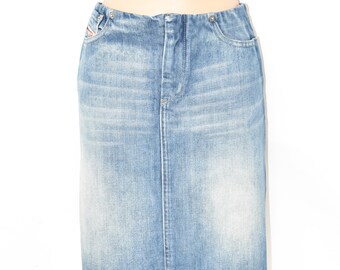 Vintage Blue Denim DIESEL Straight Pencil Knee Length Women's Jeans Skirt Size UK12 L20"