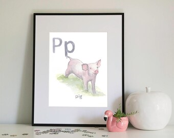 P is for Pig, alphabet series - Print of Original Watercolour