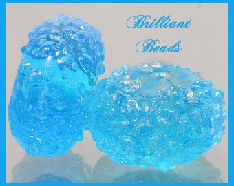 Aqua Sugared Glass Bead Pair - Handmade Lampwork Beads SRA, Made To Order