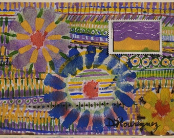 Purple Quilt - watercolor painting with painted stamp. Framed art