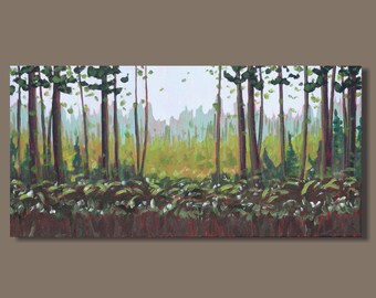 abstract painting, forest painting, landscape painting, green, lush, English garden, impressionist landscape, small art, panoramic painting