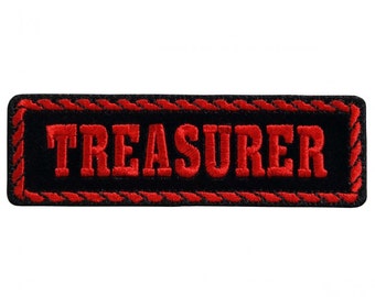 Red Officer Treasurer, High Thread Embroidered Iron-on / Saw-on Rayon PATCH - 4" X 1"