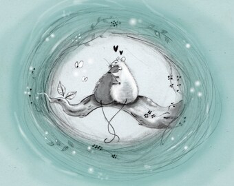 I'm with you - Artprint. Turquoise artwork of a couple in love, sitting in a tree, rat art, mouse art, nursery art, nursery print