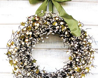Wedding Decor-Weddings-Winter Wedding-SAGE & CREAM BERRY Wreath-Vintage Wedding Decor-Housewarming Gift-Holiday gifts-Scented Wreath-Gifts