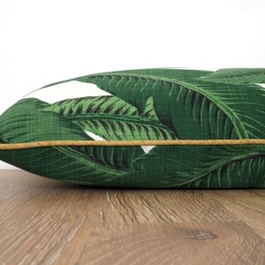 Banana leaf pillow cover green and gold decor, outdoor lumbar case Martinique decor, palm leaf outdoor pillow gold piping regency decor