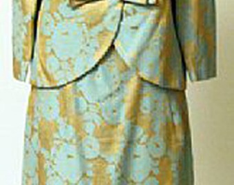Medium gold and aqua brocade dress and jacket set
